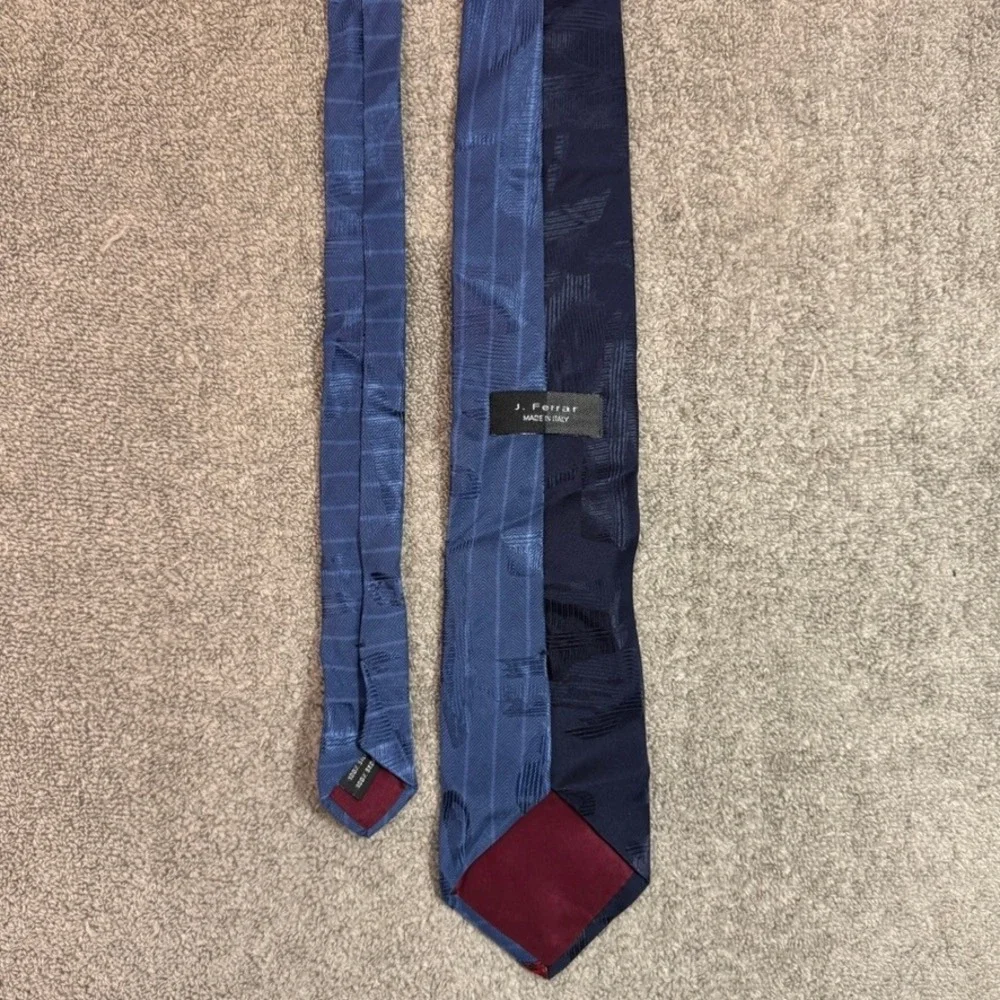 J. Ferrar Mens Silk Tie Blue Navy Red Geometric Stripe Made in Italy Necktie